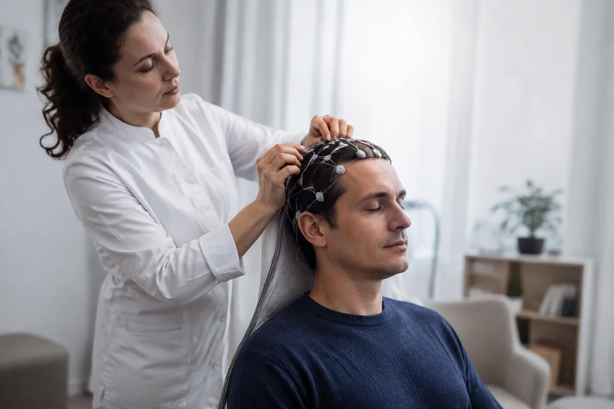 Imagem ilustrativa: Técnica posiciona eletrodos de EEG no couro cabeludo de adulto relaxado sentado.