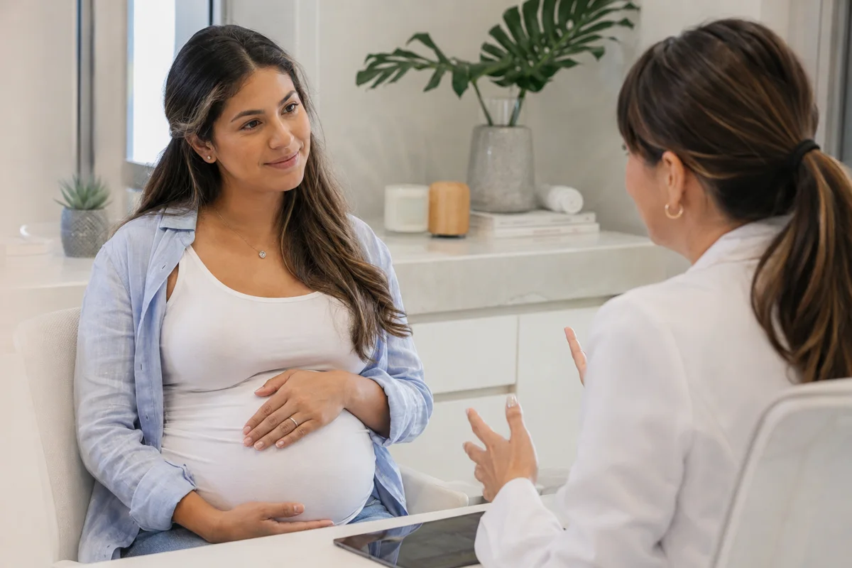 Imagem ilustrativa: Gestante em roupa casual conversa com profissional sobre cuidados da pele, mãos sobre a barriga.