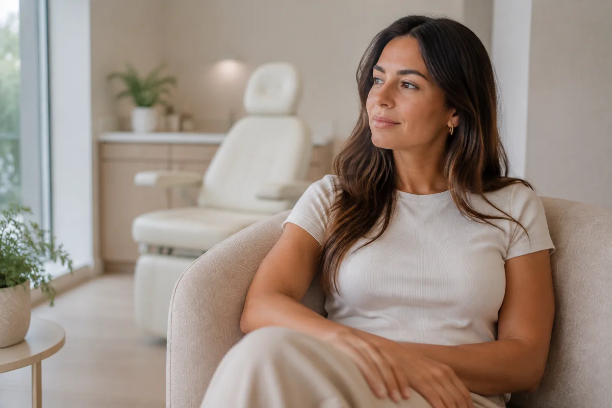 Imagem ilustrativa: Mulher descansa sentada em sala de casa após consulta estética, expressão natural e serena.