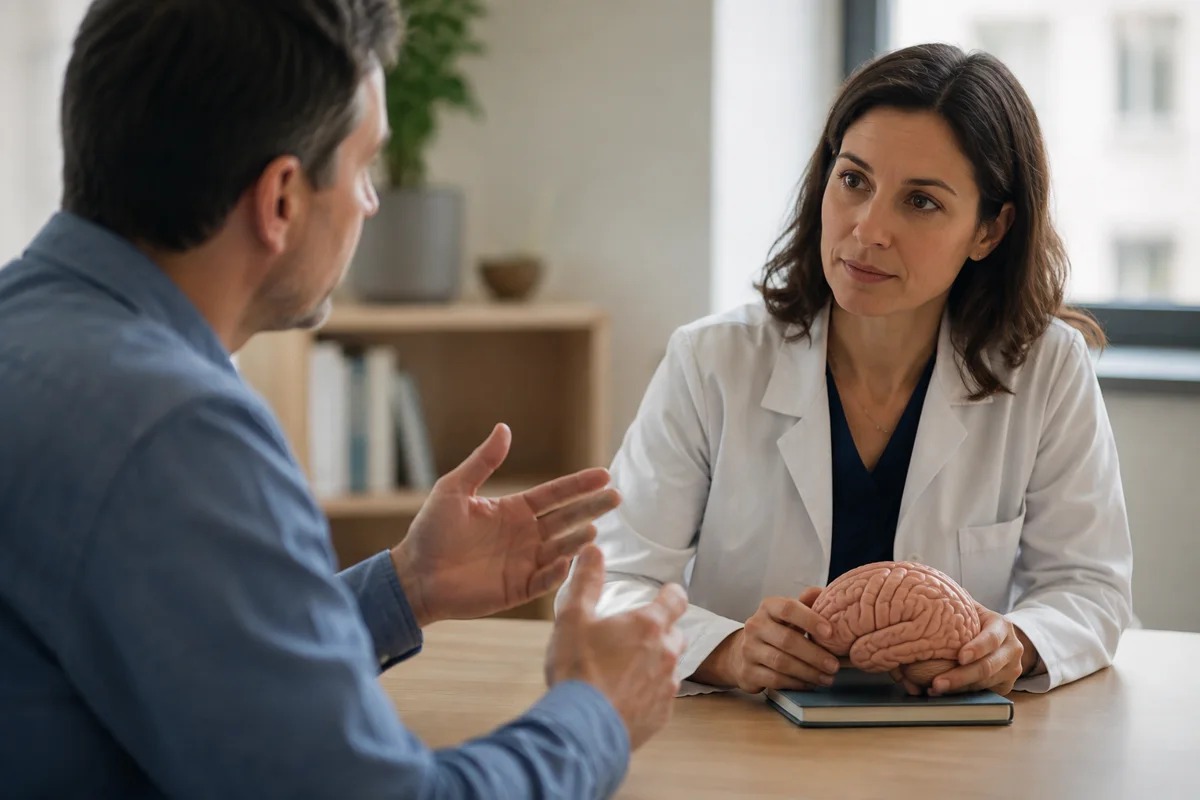 Imagem ilustrativa: Homem faz perguntas a neurocirurgiã segurando caderno fechado com cérebro anatômico na mesa.