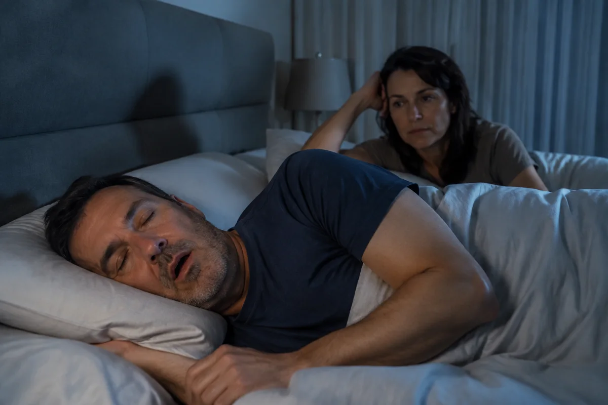 Imagem ilustrativa: Casal no quarto à noite, um adulto dorme de lado e parceiro observa com preocupação moderada.
