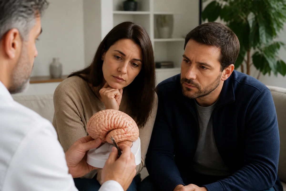 Imagem ilustrativa: Neurologista apresenta modelo cerebral a casal adulto durante explicação de tumor.