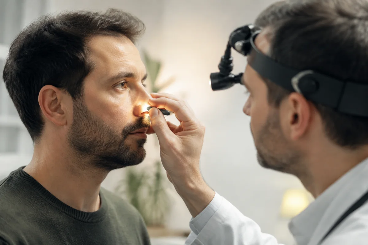 Imagem ilustrativa: Close lateral de rosto adulto em avaliação nasal com profissional usando luz clínica.