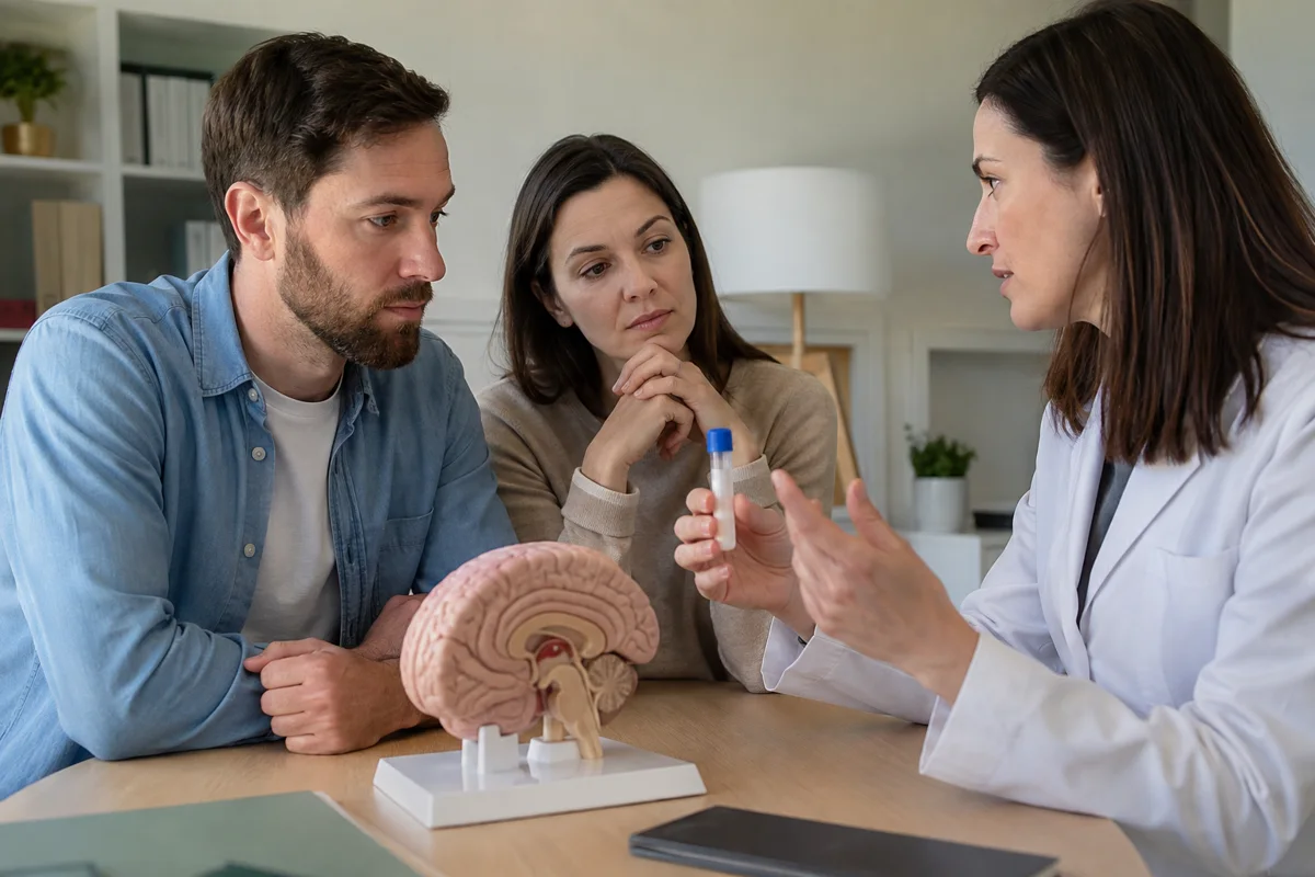 Imagem ilustrativa: Geneticista conversa com casal diante de modelo cerebral e pequeno tubo de coleta fechado.