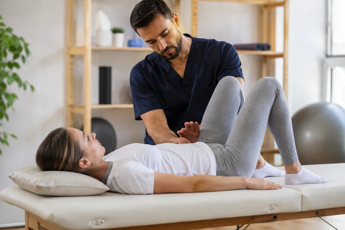Imagem ilustrativa: Fisioterapeuta orienta movimento suave de coluna lombar a mulher deitada com joelhos flexionados.