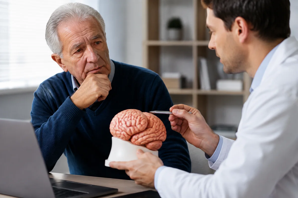 Imagem ilustrativa: Homem idoso observa modelo cerebral na consulta enquanto profissional explica.