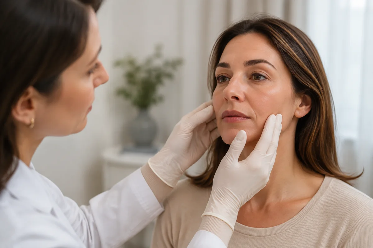 Imagem ilustrativa: Médica avalia bochecha de mulher adulta com luvas sem realizar injeção.