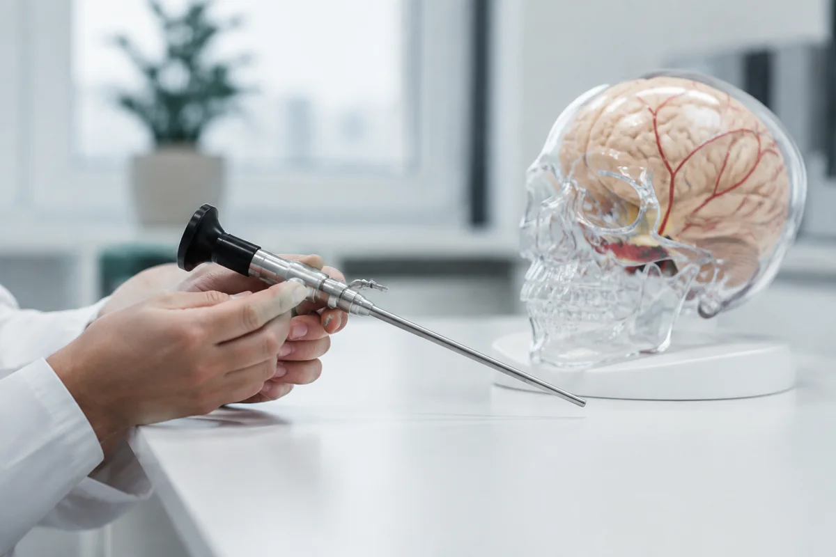 Imagem ilustrativa: Neuroendoscópio e modelo craniano em bancada limpa, fotografia técnica sem operação.