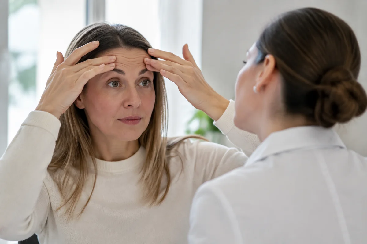 Imagem ilustrativa: Mulher eleva sobrancelhas enquanto profissional observa expressão em avaliação facial.